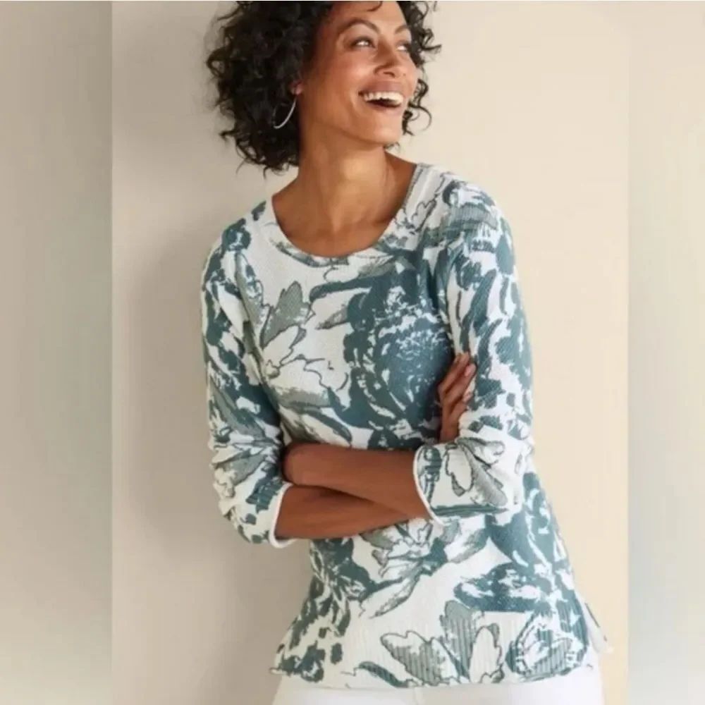 🇬🇪🔹️Soft Surroundings Cream & Sage Floral Marin Long Sleeve Sweater XLarge